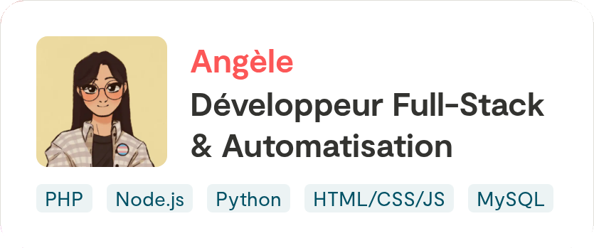 Carte de profil Malt d'Angèle, développeuse full-stack et automatisation : PHP, Node.js, Python, HTML/CSS/JS, MySQL.